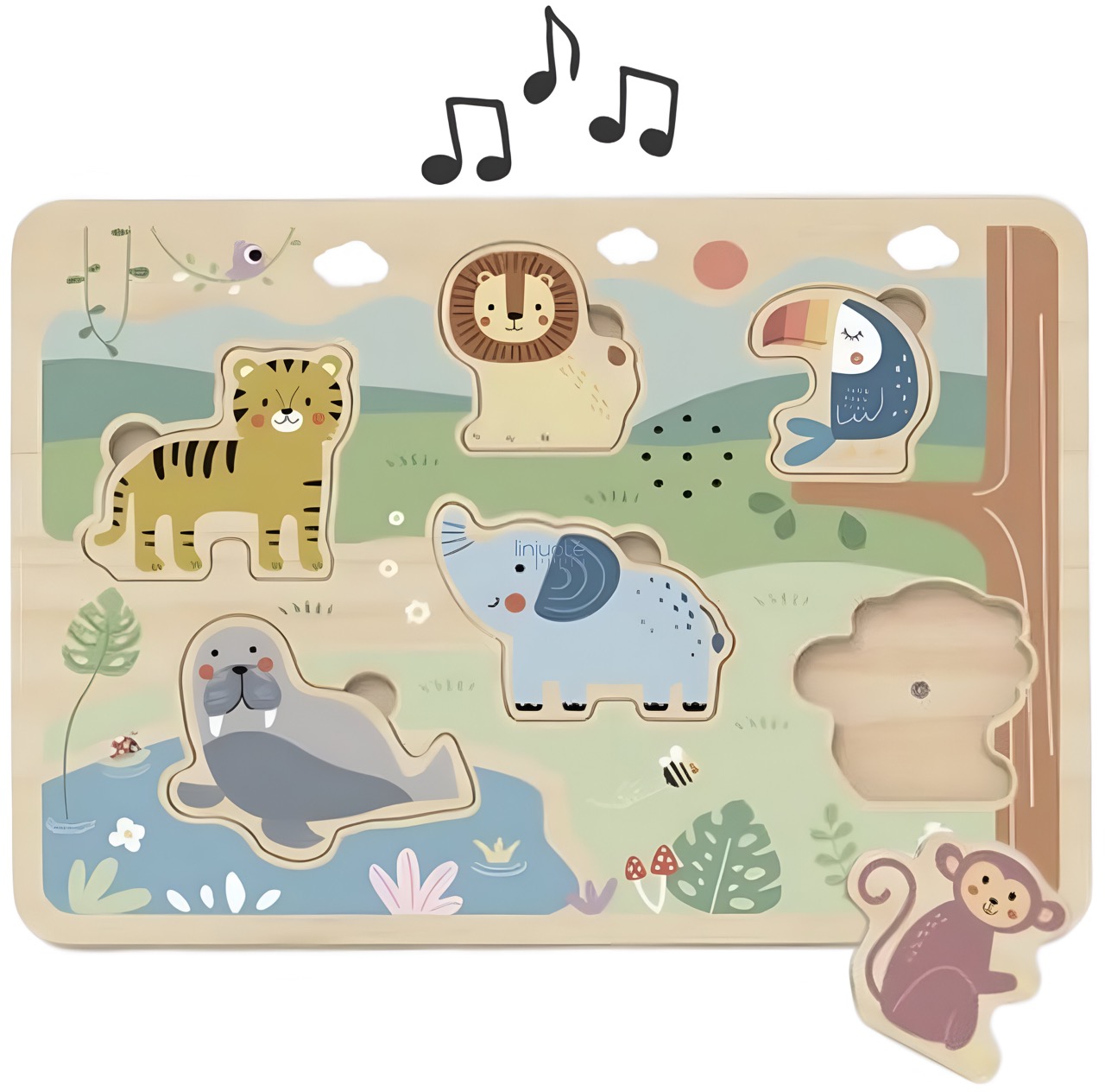 Puzzle din lemn cu sunete Tooky Toy - Animale, 6 piese