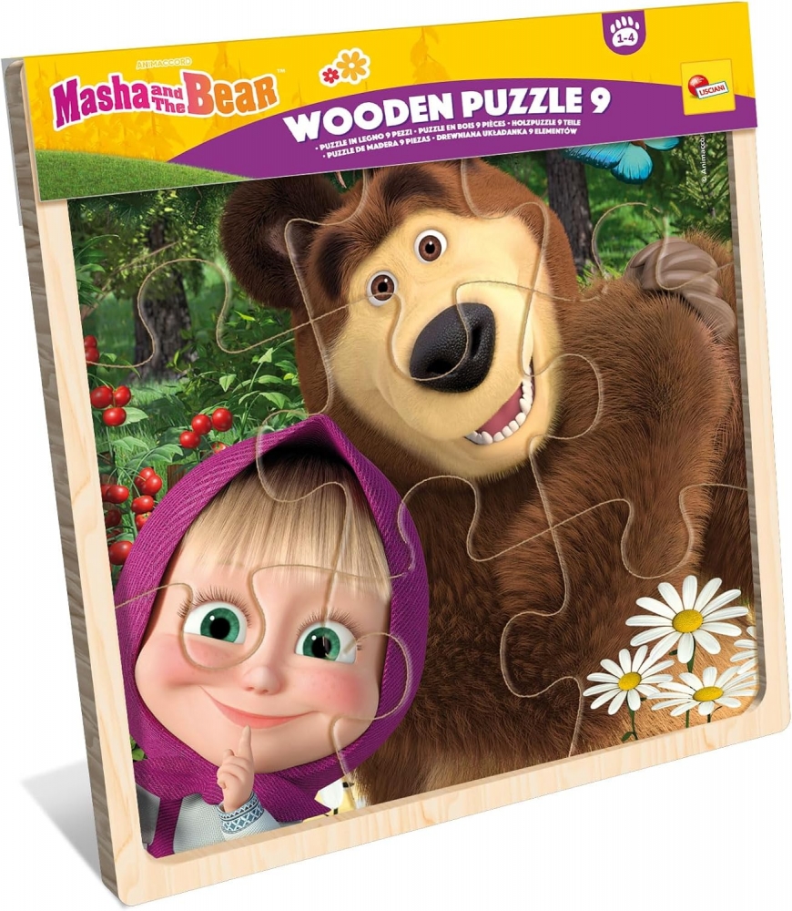 Puzzle din lemn în ramă Lisciani din 9 piese - Masha și Ursul