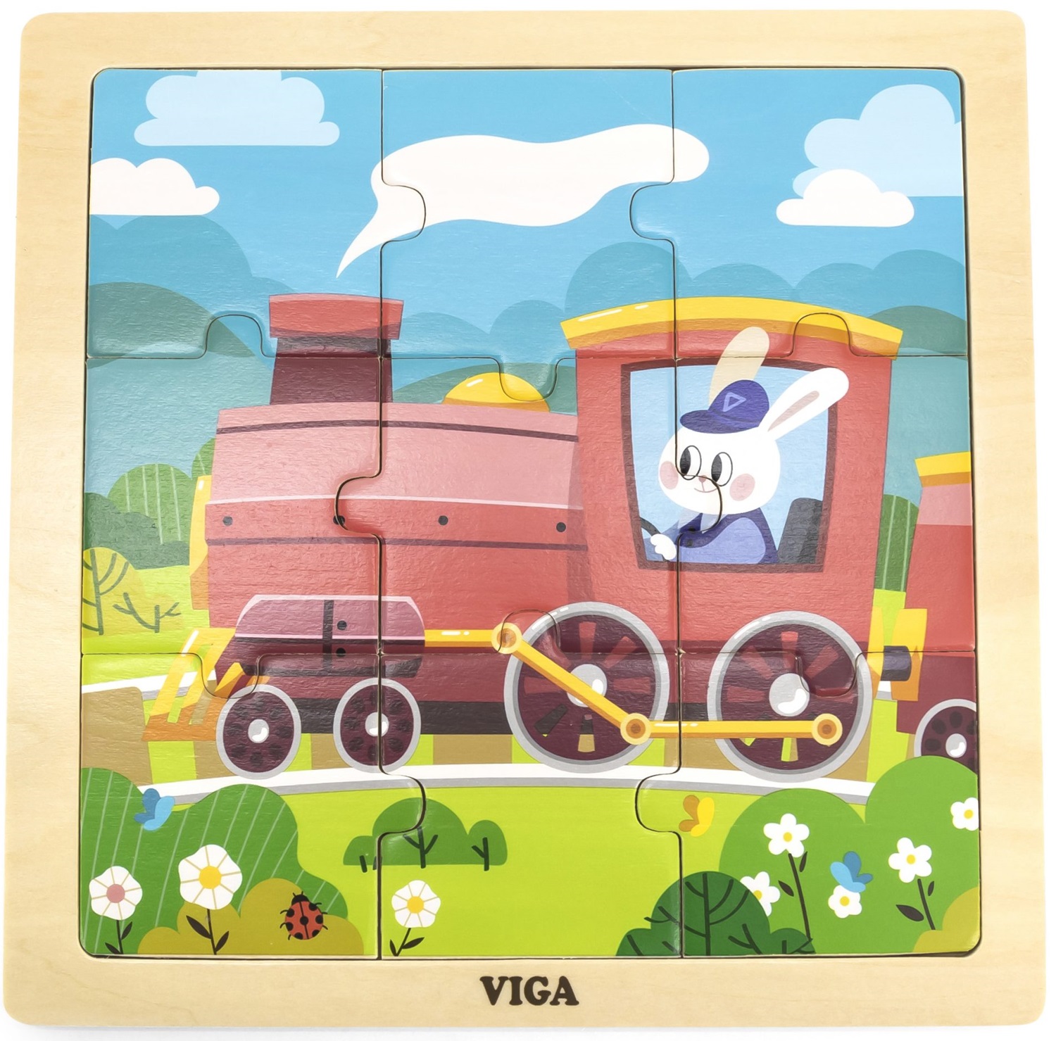 Puzzle din lemn Viga Toys – Mașinist iepuraș, 9 piese
