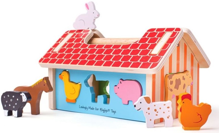 Jucarie din lemn de sortat Bigjigs - Animalele din ferma, 11 piese