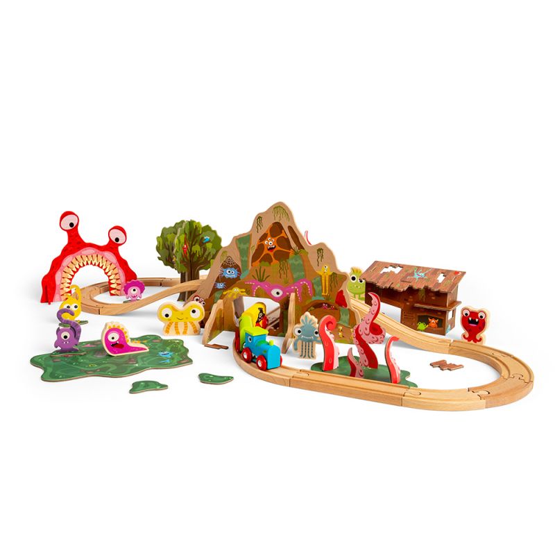 Set de tren din lemn Bigjigs Rail – Trenul monstrului, 50 piese