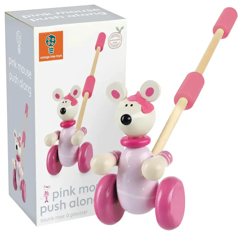Jucărie de împins din lemn Orange Tree Toys - Mouse roz, în cutie