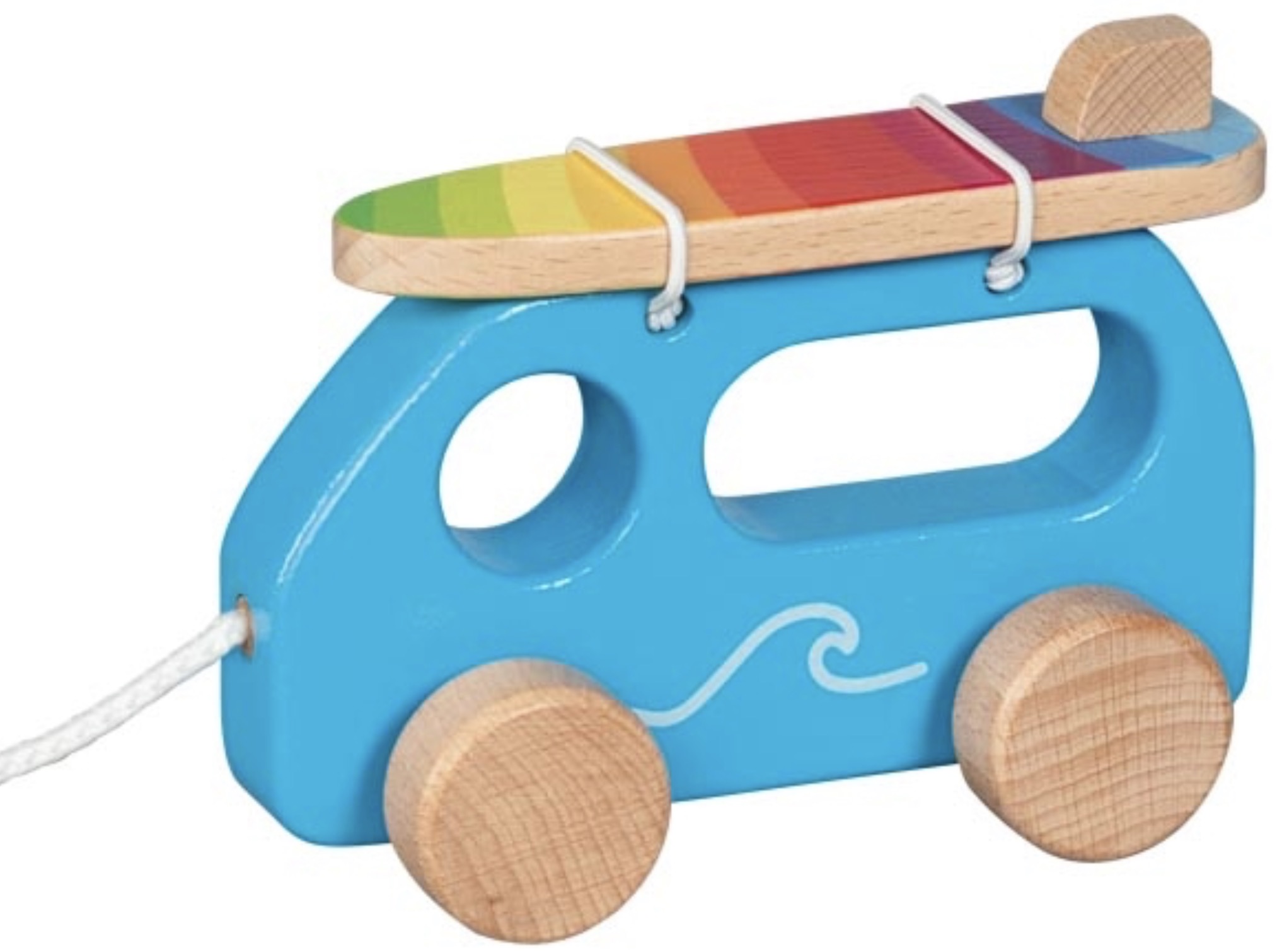 Jucărie pentru tragere din lemn  Goki - Van cu placa de surf