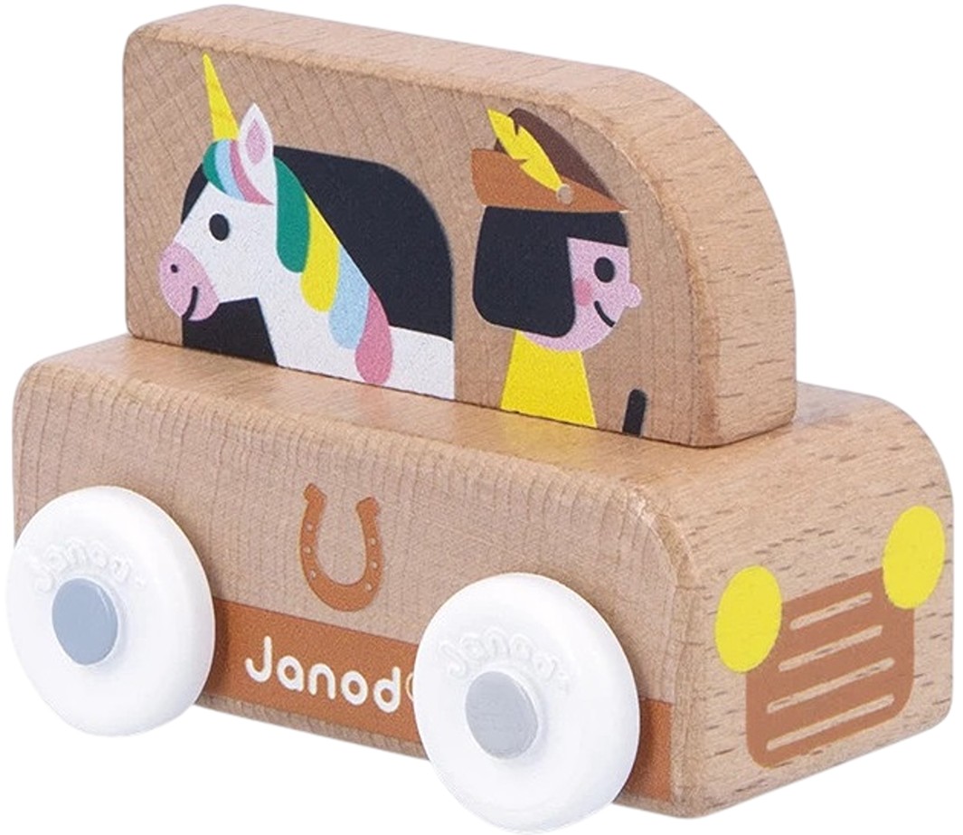 Mașinuță de lemn Janod Cross Roads - Microbuz cu unicorn