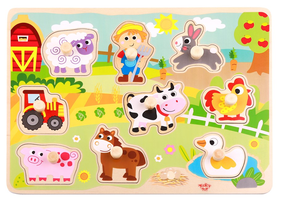 Puzzle din lemn cu manere Tooky Toy - Ferma