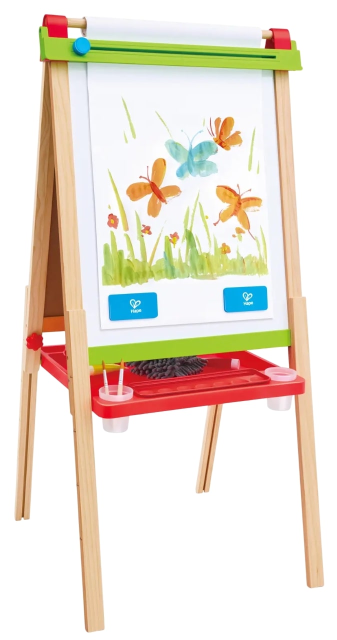 Tablă de desen 3 în 1 Hape International - Șevaletul micului artist, 18 piese