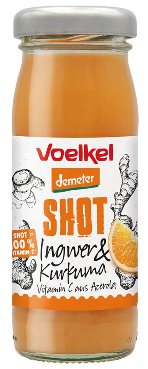 Demeter Suc cu portocală, turmeric, ghimbir și vitamina C din acerola, 95 ml, Voelkel