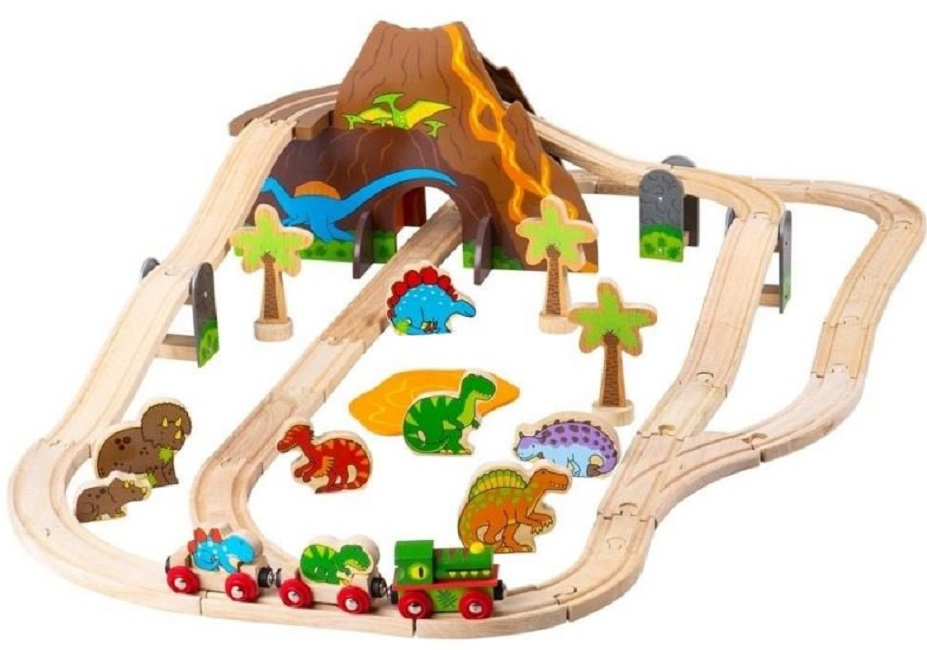 Jucarie din lemn pentru copii Bigjigs - Set tren de dinozauri