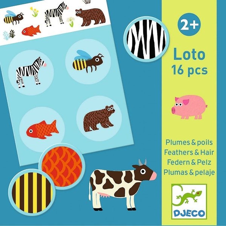 Joaca de copii  Loto Djeco - Pene și blană, 16 bucăți