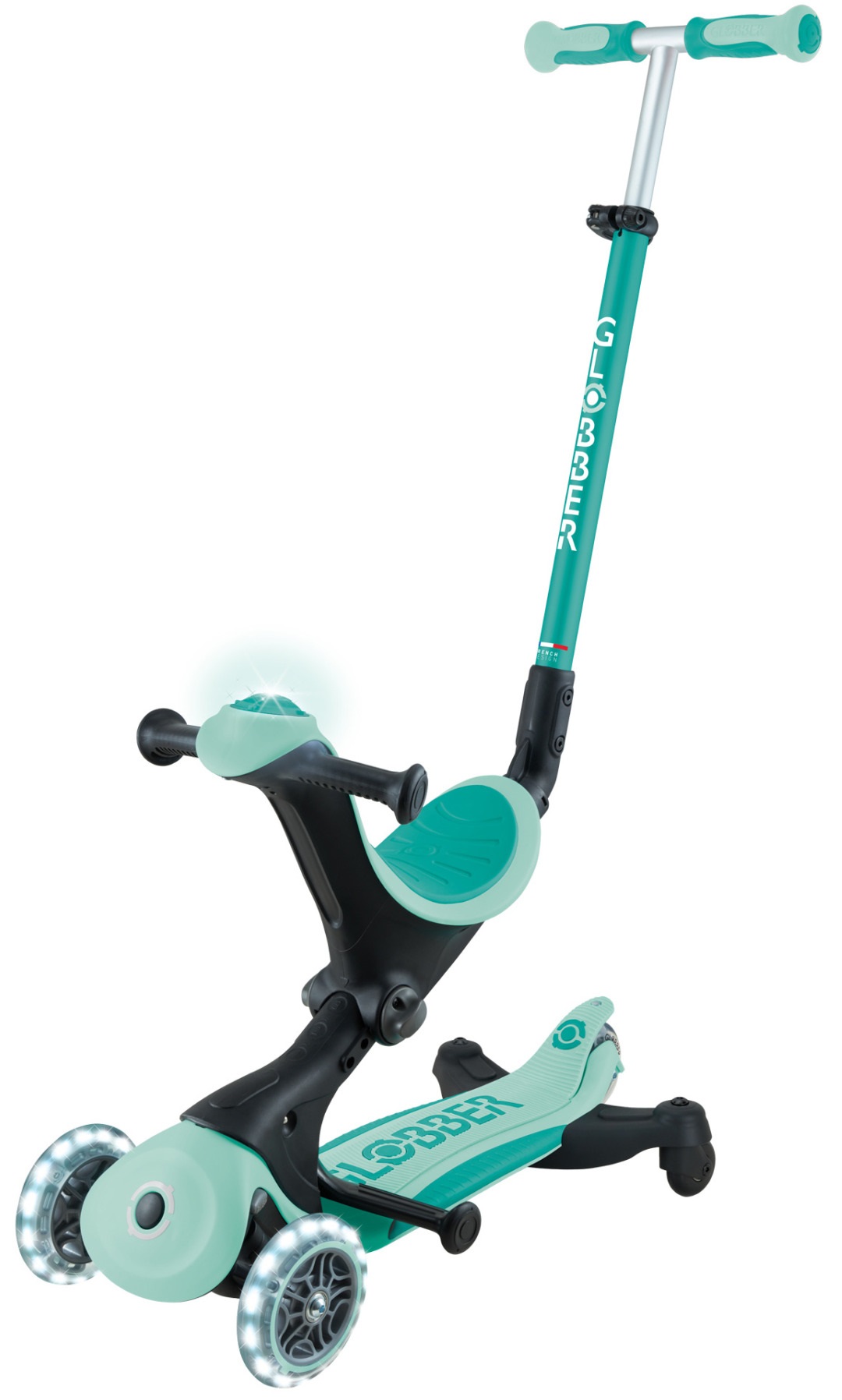 Tricicletă pentru copii 5 în 1 Globber - Go Up Deluxe Lights 360°, verde mentă