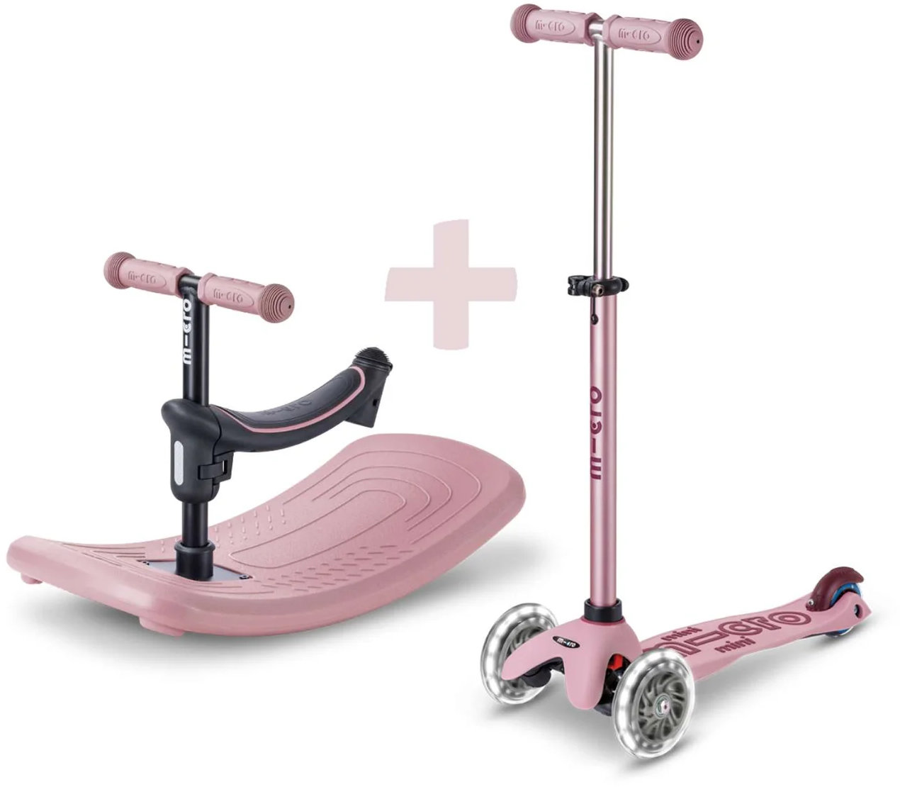 Trotinetă pentru copii 6 în 1 Micro - Mini Deluxe, Rock & Go LED, Roz Pudrat