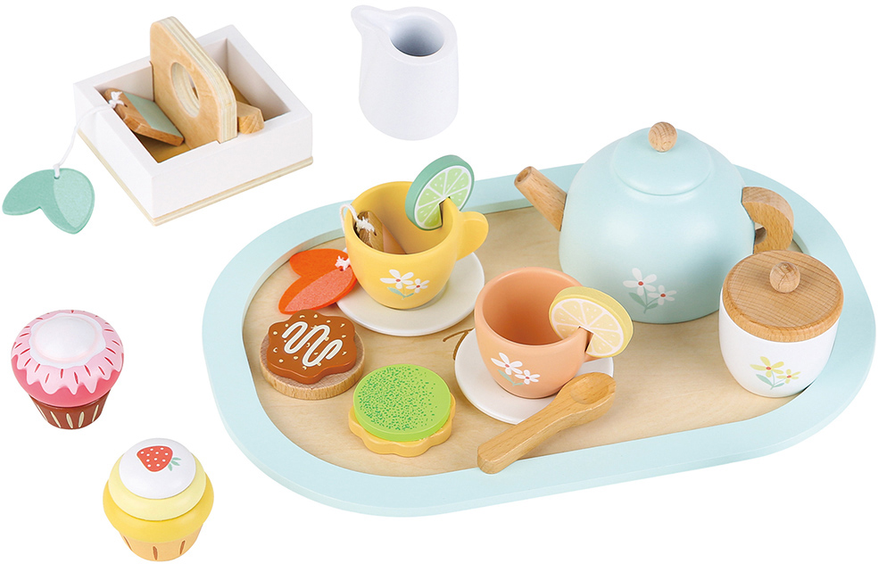 Set de ceai din lemn pentru copii Lelin - Flori, culori pastel.