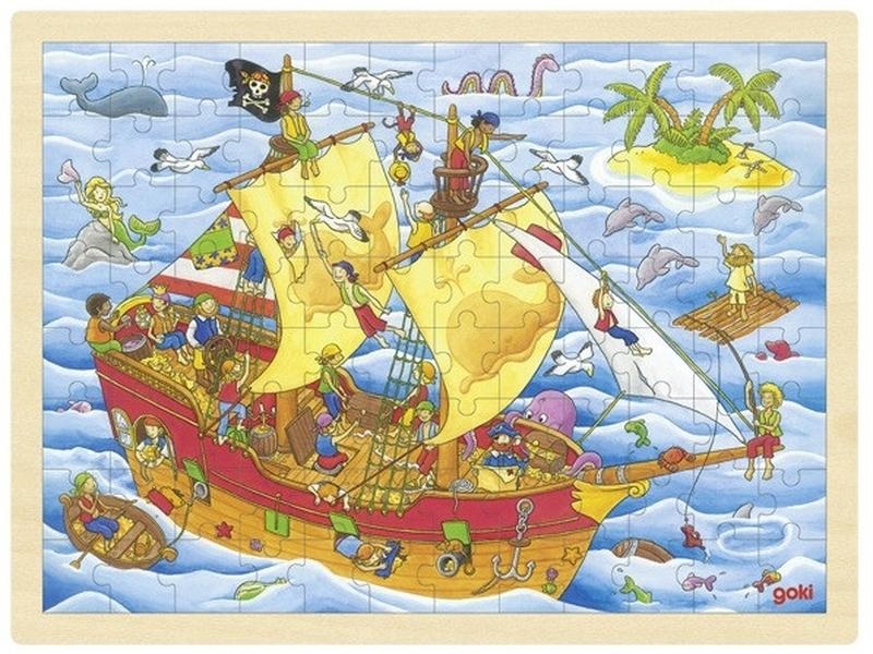 Puzzle din lemn pentru copii Goki - Pirații, 96 piese