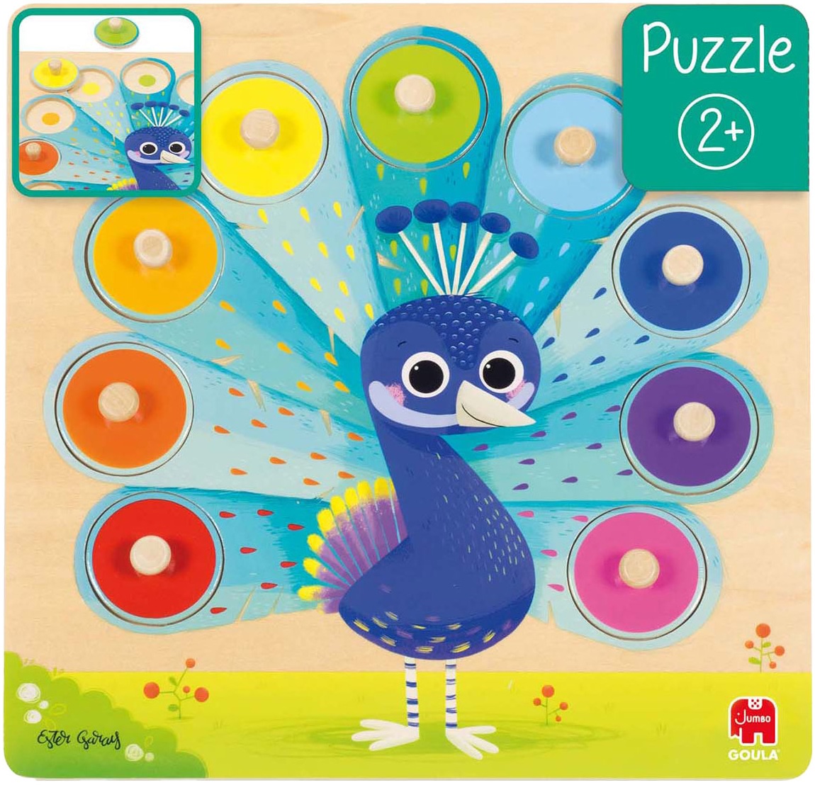 Puzzle din lemn pentru copii Goula din 8 piese - Învață culorile cu păun