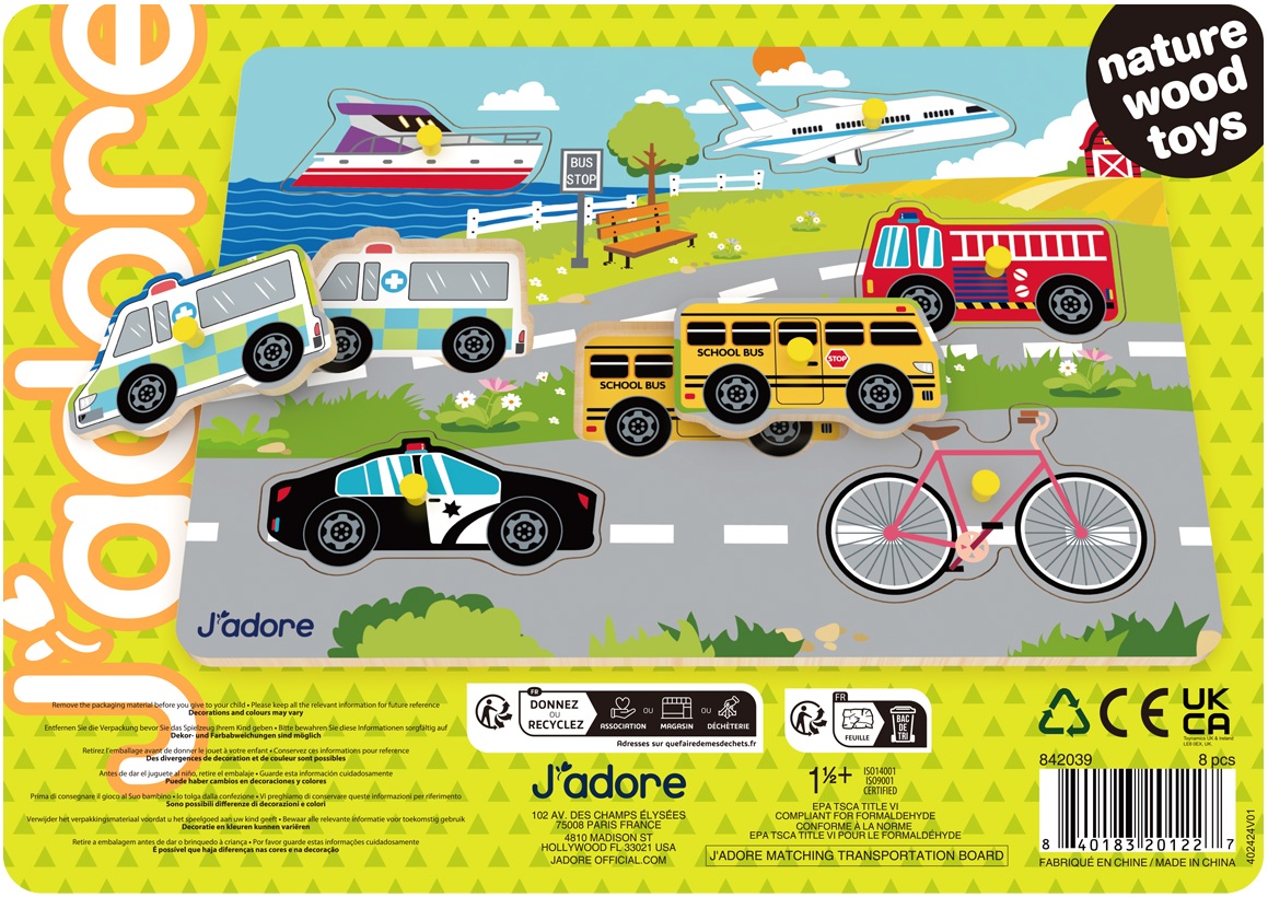 Puzzle din lemn pentru copii J′adore din 8 piese - Mijloace de transport