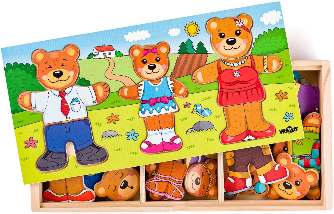 Puzzle din lemn pentru copii Woody din 54 piese - Îmbrăcați urșii