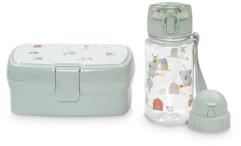 Set pentru hrănire copii Interbaby - Granja Koala, cutie pentru mâncare și sticluță, verde