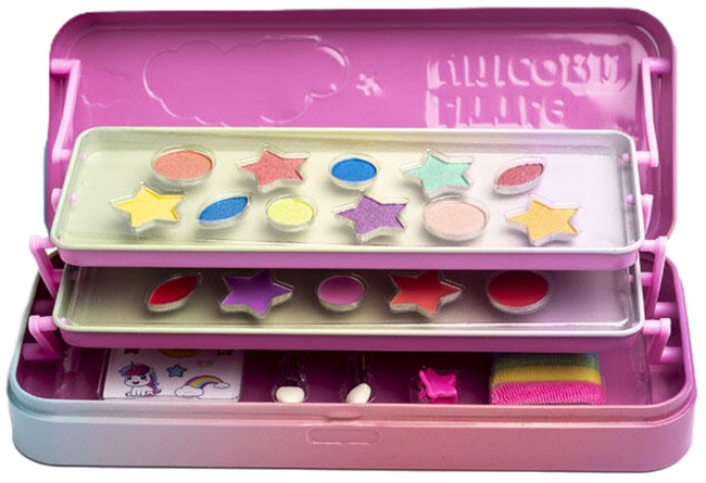 Set cosmetic pentru copii Martinelia Little Unicorn - Machiaj în cutie metalică cu 3 niveluri