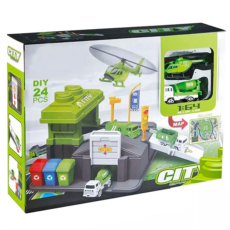 Parcare pentru copii și covoraș de joacă Raya Toys - Cu camion și elicopter