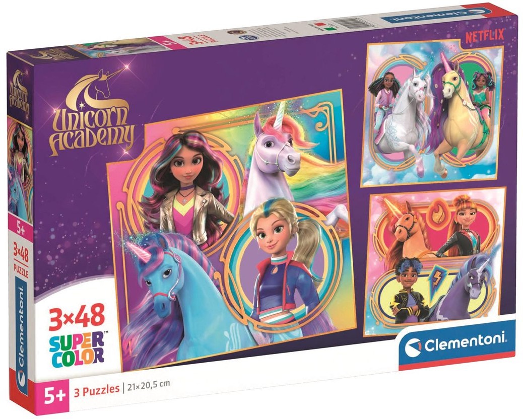 Puzzle pentru copii Clementoni din 3 x 48 piese - Unicorn Academy