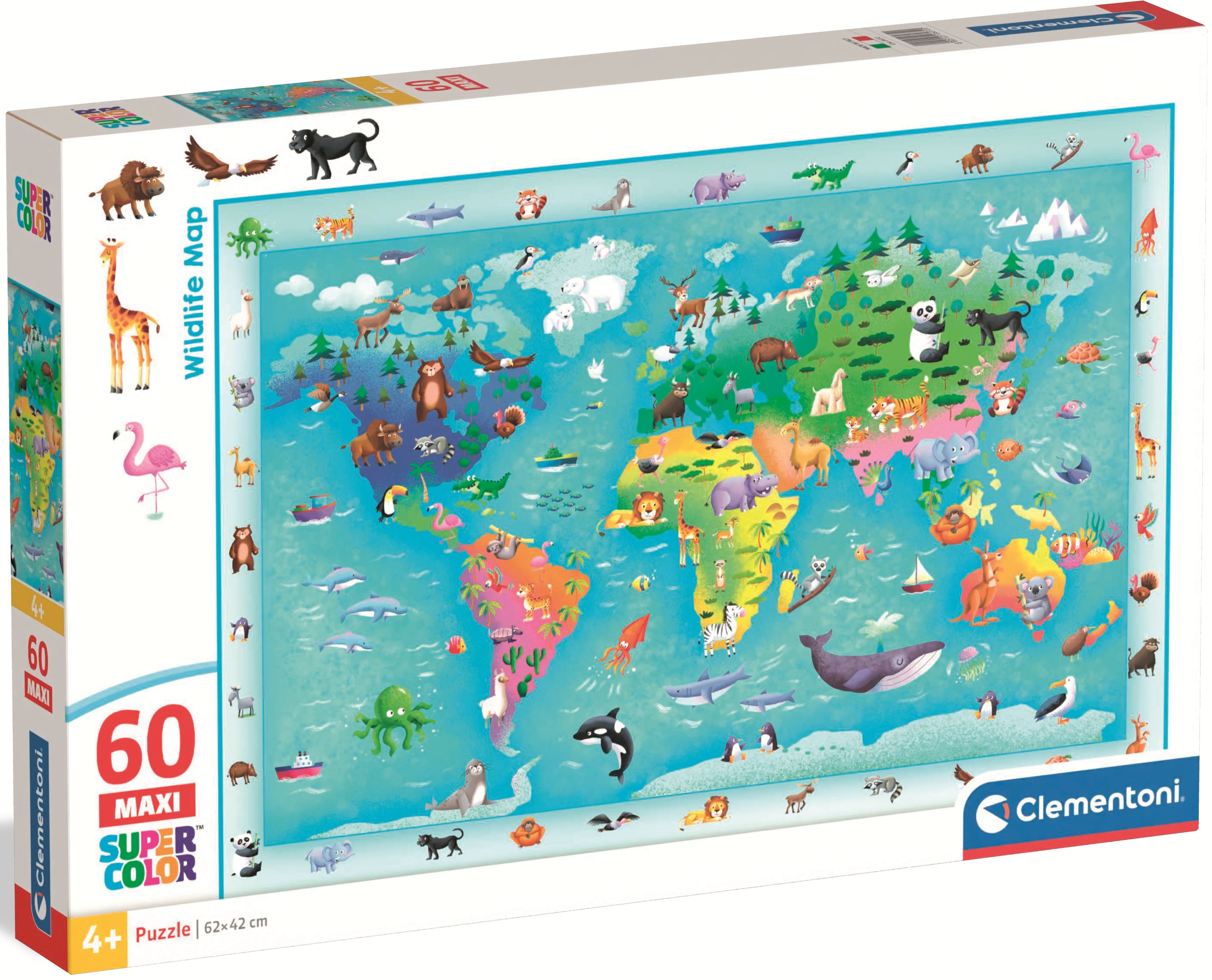 Puzzle pentru copii Clementoni din 60 maxi piese - Harta faunei sălbatice