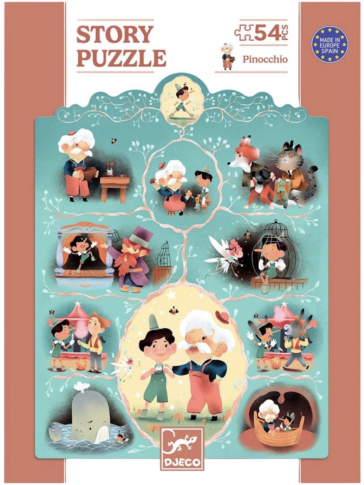 Puzzle pentru copii Djeco Story Puzzle - Pinocchio, 54 piese