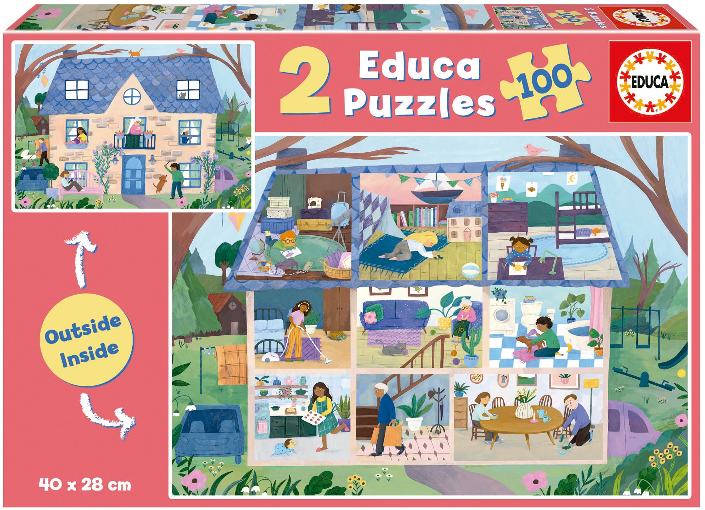 Puzzle pentrucopii Educa din 2 x 100 de piese - Casa în exterior și interior