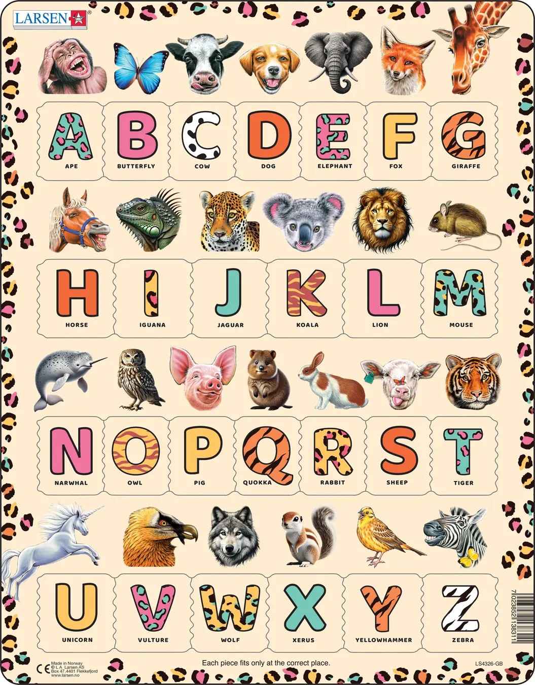 Puzzle educațional Larsen din 26 piese - Alfabetul animalelor în limba engleză