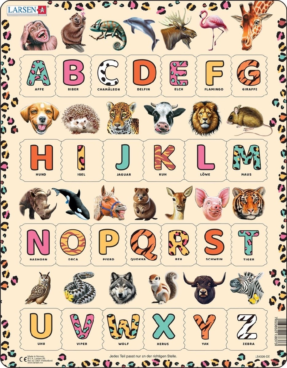 Puzzle educațional Larsen din 26 piese - Alfabetul animalelor în limba germană