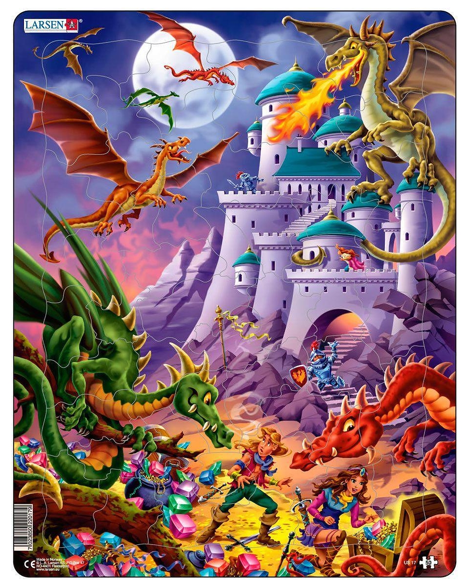 Puzzle pentru copii Larsen din 50 de piese - Dragoni și eroi care păzesc comoara castelului