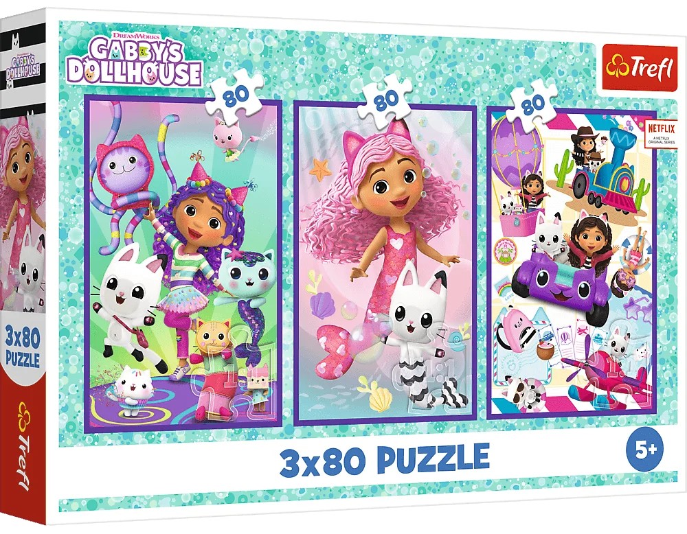 Puzzle pentru copii Trefl din 3 x 80 piese - Zilele pline de culoare ale lui Gabby