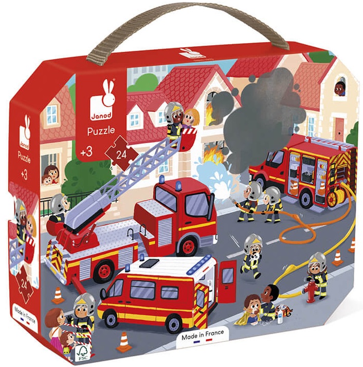 Puzzle pentru copii in valiza Janod - Pompieri, 24 piese