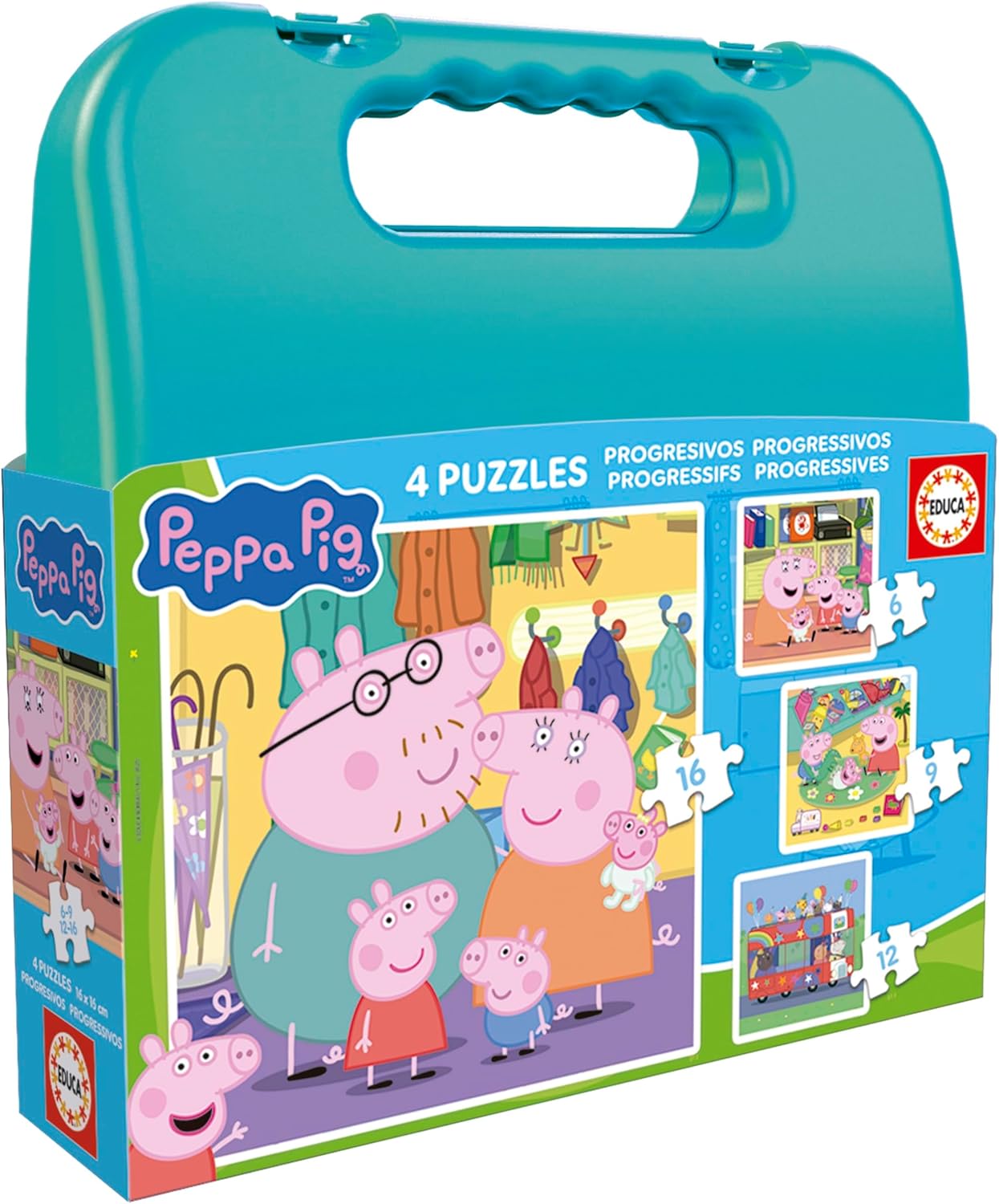 Puzzle pentru copii în servietă Educa 4 în 1 - Purcelușa Peppa