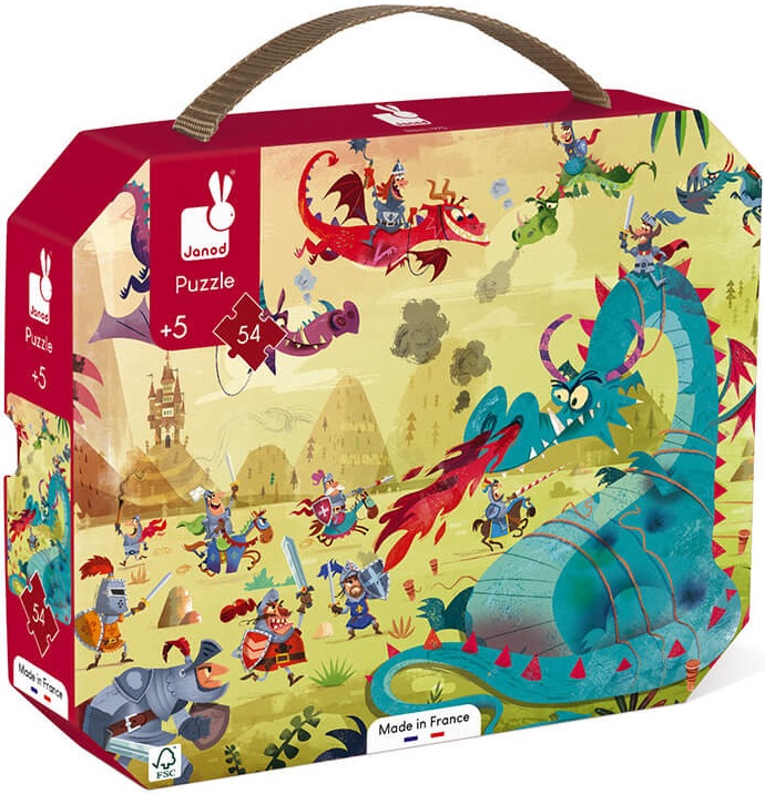 Puzzle in valiza pentru copii Janod - Dragoni, 54 piese
