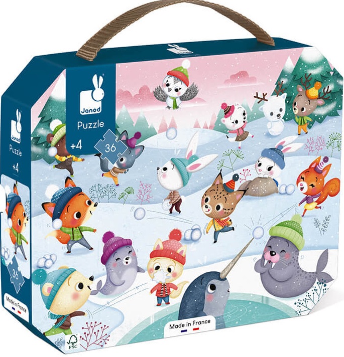 Puzzle in valiza pentru copii Janod - Petrecerea de zapada, 36 piese