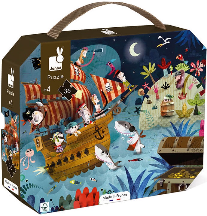 Puzzle in valiza pentru copii Janod - Vanatori de comori, 36 piese