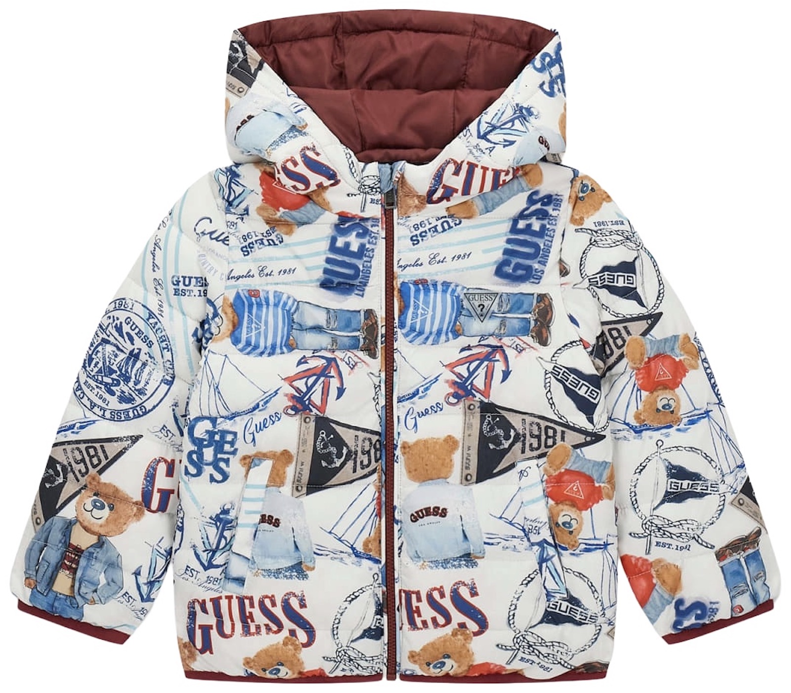 Geacă de copii cu glugă Guess - Cu urși și inscripții, multicolor, 18 luni
