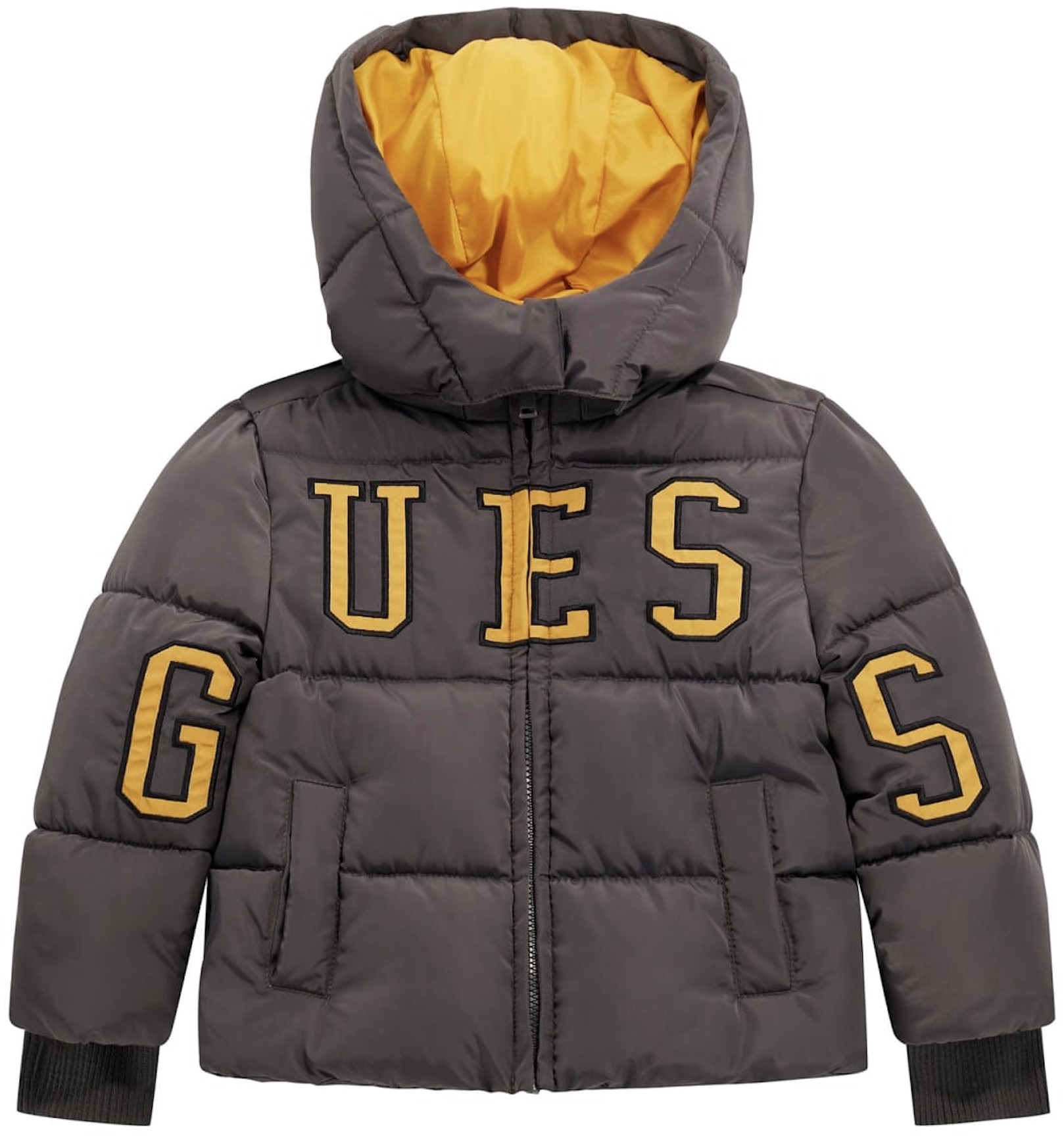 Geacă de copii cu glugă Guess - Cu litere galbene, multicolor, 18 luni