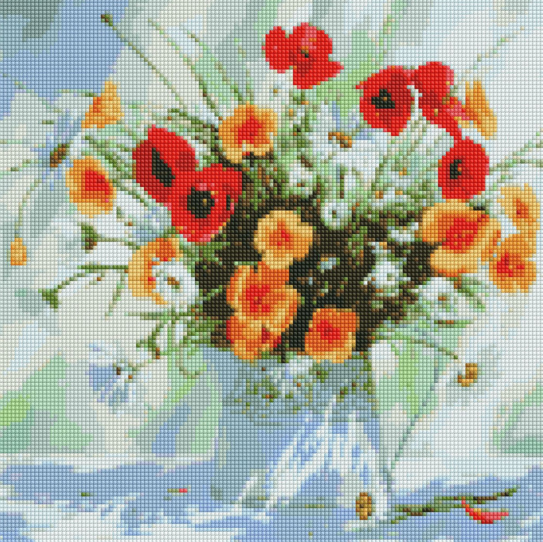 Goblen cu diamante Ideyka - Un buchet de maci, 40 х 40 cm