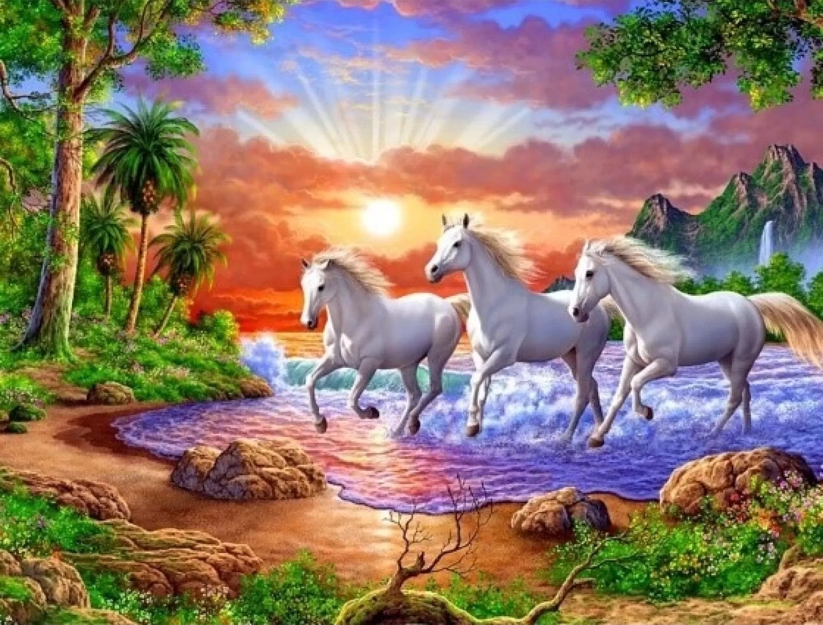 Pictură mozaic cu diamante  MagicArt: Premium - Mustangi albi, 30 x 40 cm, cu mărgele rotunde + AB