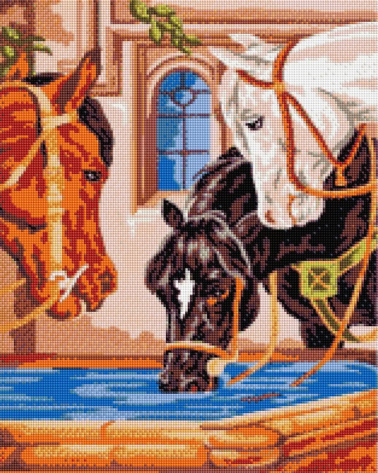 Pictură mozaic cu diamante  MagicArt: Premium - Cai la o adăpătoare, mărgele pătrate 40 x 50 cm + AB