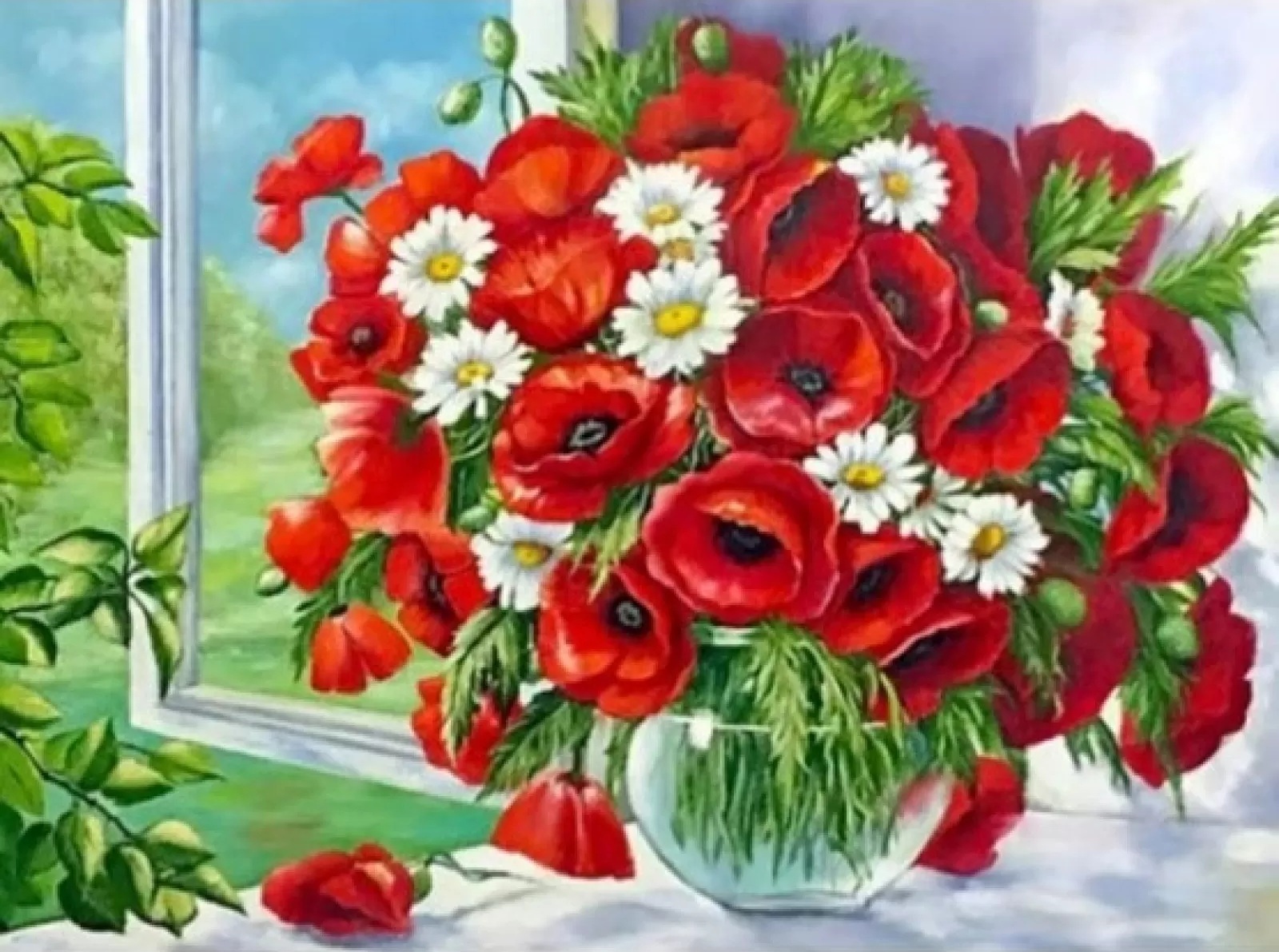 Pictură mozaic cu diamante  MagicArt: Premium - Maci și margarete, 20 x 30 cm, cu mărgele rotunde + AB
