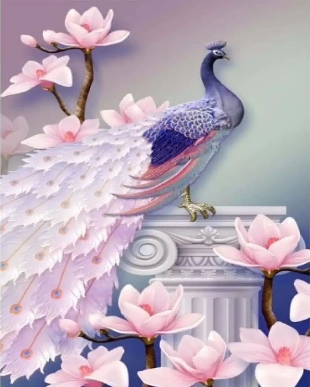 Pictură mozaic cu diamante  MagicArt: Premium -Păun cu magnolii, 30 x 40 cm, cu mărgele rotunde + AB