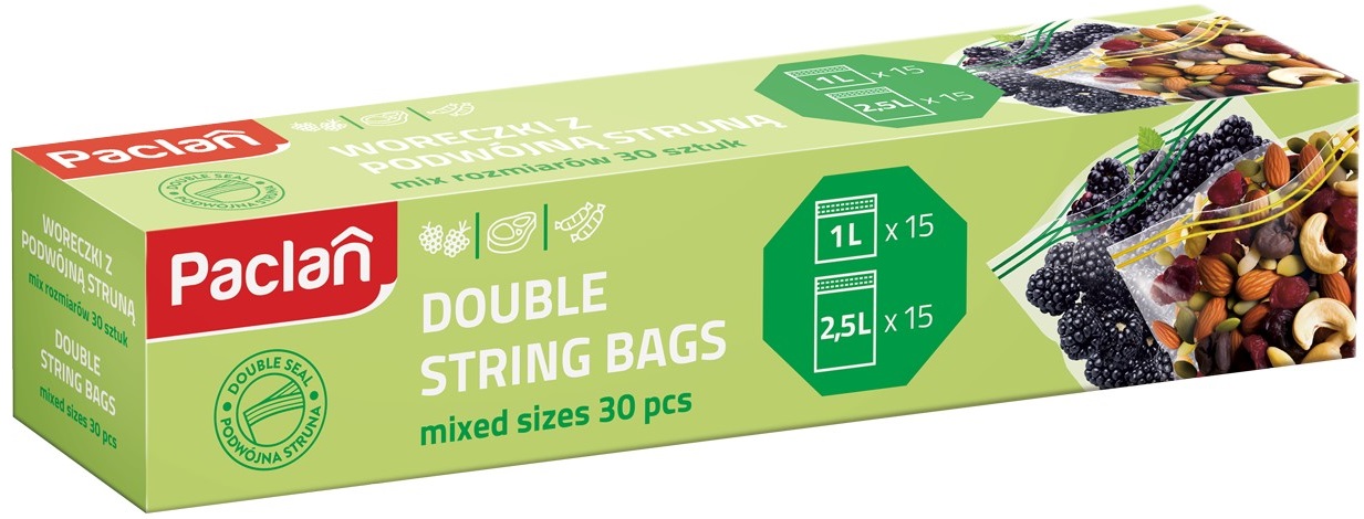 Pungi cu fermoar de uz casnic  Paclan - Double String, 15 buc. x 1 l+15 buc. x 2.5 l
