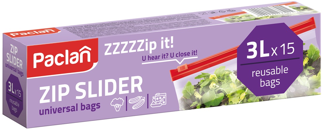 Pungi cu fermoar de uz casnic  Paclan - ZZZZZip-it!, 3 l, 15 buc.