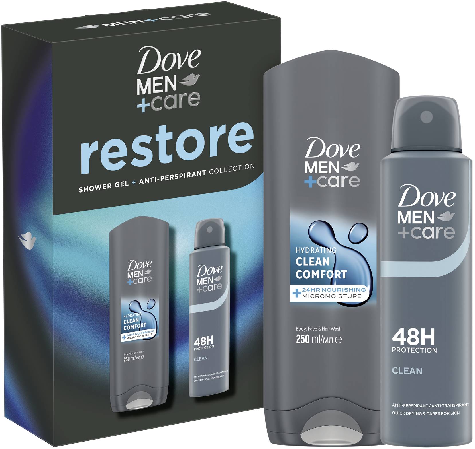 Dove Men+Care Set Restore - Gel de duș și  Deodorant spray , 250 + 150 ml
