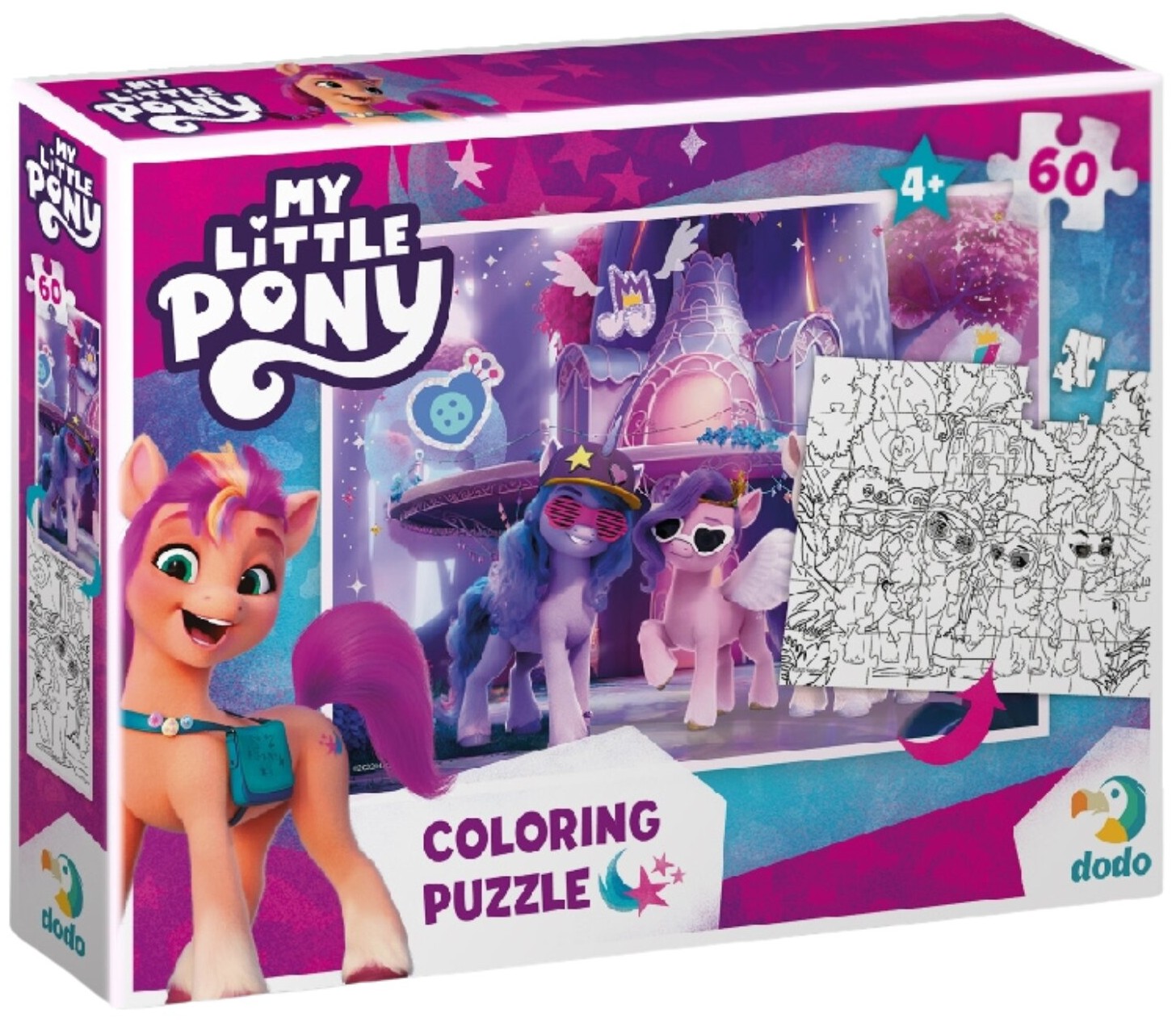 Puzzle cu două fețe DoDo зși o carte de colorat cu 60 de piese - Izzy, Zip și Pip