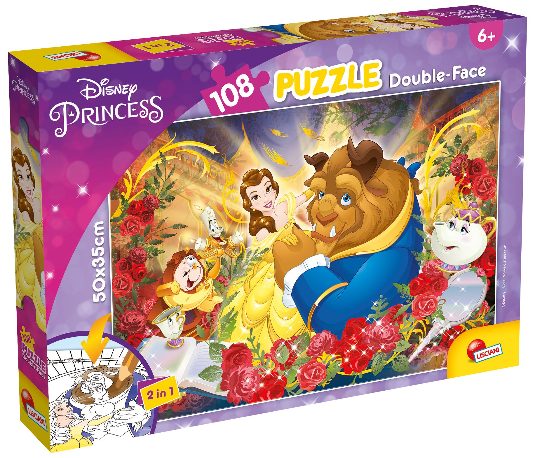 Puzzle cu două fețe  Liscianipentru colorat 108 piese - Frumoasa și Bestia