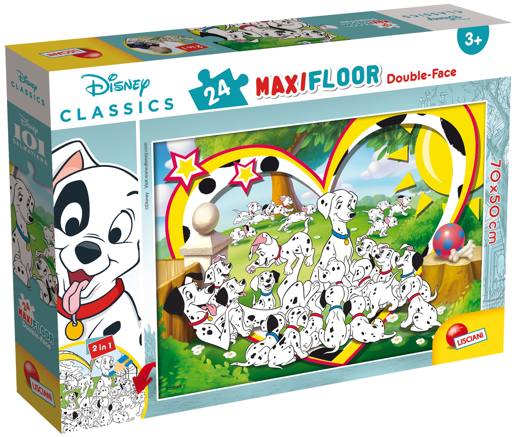 Puzzle cu două fețe Lisciani de colorat din 24 piese - 101 dalmații