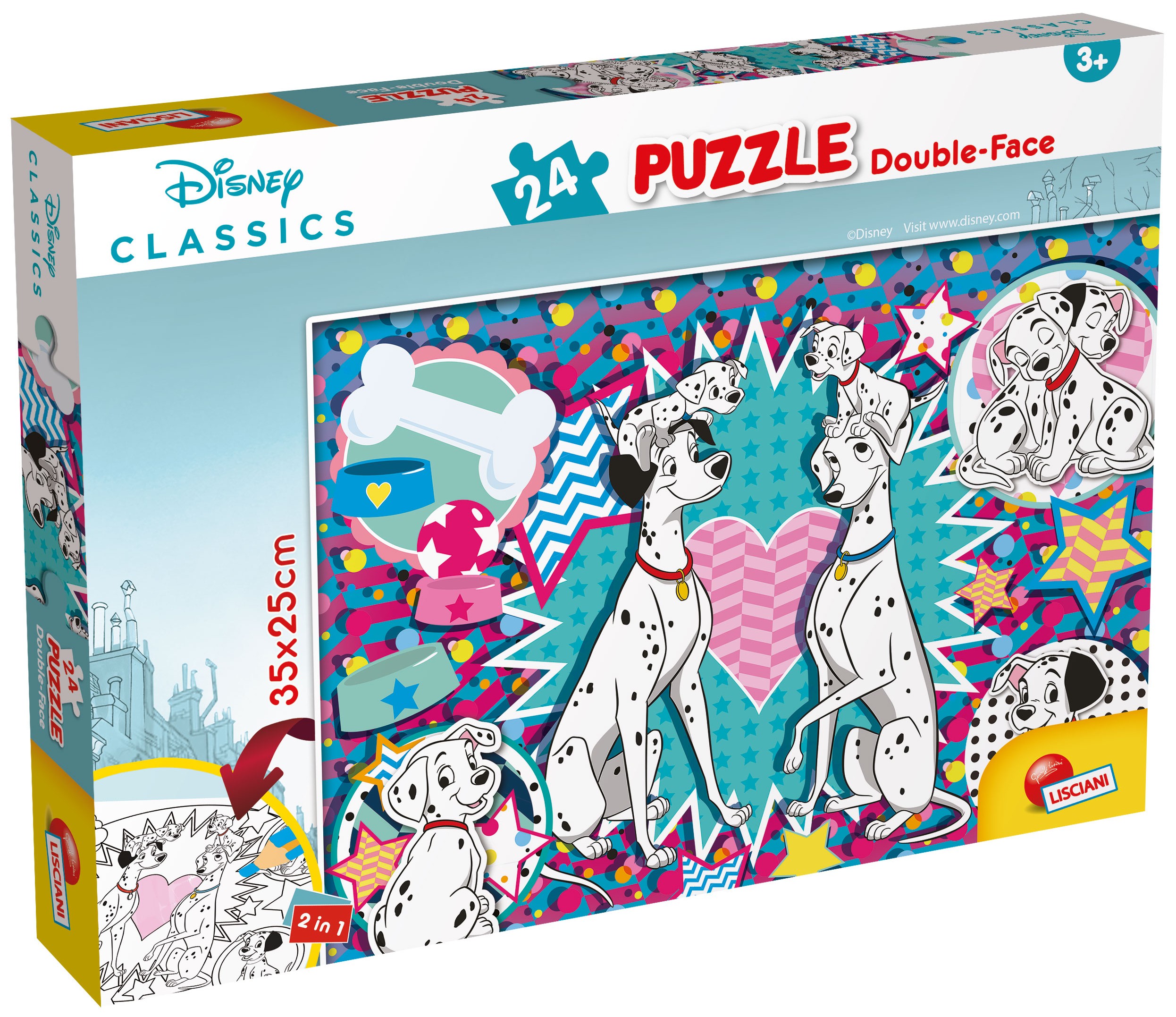 Puzzle cu două fețe Lisciani de colorat din 24 piese - 101 dalmați